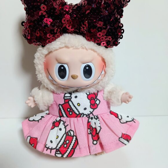 Hello Kitty Holiday Christmas Custom Dress and Sequin Bow Made to fit Labubu - Picture 3 of 5